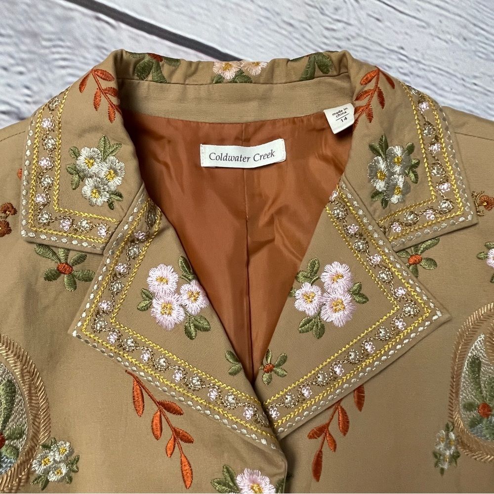 COLDWATER CREEK boho paisley floral embroidered tan coat jacket, size 14 - Picture 4 of 16